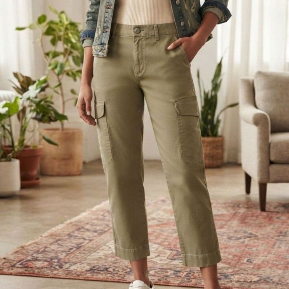 NWT Hunter & Brown Olive Green Cropped Cargo Pants Utility Trousers Sz L Cotton